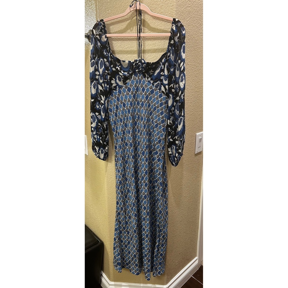 Rixo Jeanie Blue Mixed Print Maxi Dress US 12 Sheer Chiffon Bias Cut Low Back - Picture 7 of 7